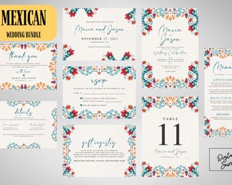 May include: A set of printable wedding stationery with a Mexican folk art design. The cards feature a colorful floral border with red, yellow, blue, and green accents. The text includes "Maria and Jason" and "Wedding Celebration".