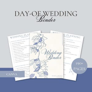 Könnte beinhalten: Ein Hochzeitsordner mit blauem und weißem Blumendesign, der Checklisten und Planungsanleitungen enthält. Auf dem Cover steht "Wedding Binder" mit den Namen "Drake & Helena" und dem Datum "01.09.2026". Enthält 190+ Seiten.