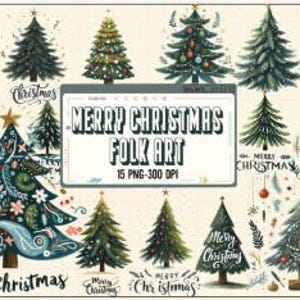 Merry Christmas Tree Folk Art Bundle | Sublimation & PNG Files | Digital Download
