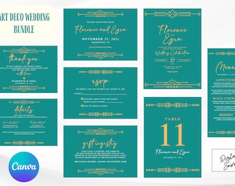 May include: An Art Deco wedding bundle featuring teal and gold stationery. The set includes invitations, RSVP cards, thank you notes, a menu, and table number cards. The design incorporates geometric shapes and elegant typography.