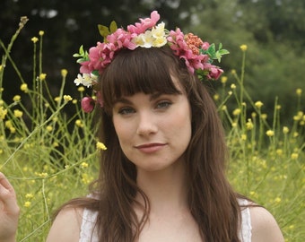 Faux Flower Crown l "Strawberries & Cream" l Fake Flower Crown Pink White l Choose Your Lace Color