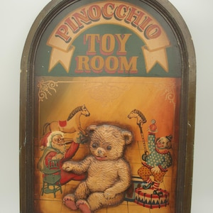 RARE 1970s-80s Walt Disney &quot;Pinocchio Toy Room&quot; Teddy Bear 3D Wooden Wall Art I Children&#39;s Room Art L Wall Plaque l Santa & Clown