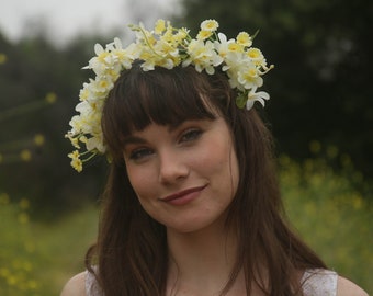 Faux Flower Crown l "Sprigs of Joy" l Fake Flower Crown Yellow White l Choose Your Lace Color