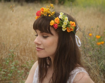 Faux Flower Crown l "Firefly" l Fake Flower Crown Orange Yellow White l Choose Your Lace Color