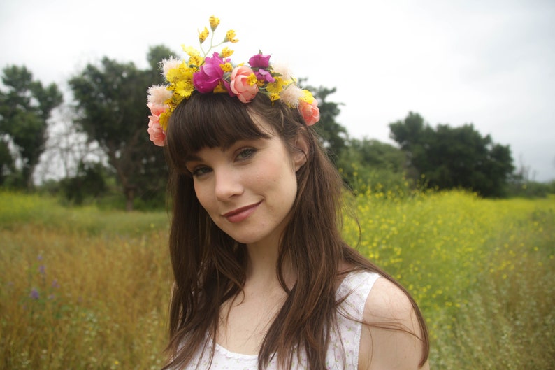 Faux Flower Crown l Queen For A Day l Fake Flower Crown Yellow White l Choose Your Lace Color image 1