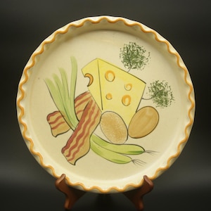 Vintage 1970s Hand-Painted Quiche Dish I Cheese Platter I Large Plate with Crimped Edges I Cheese Eggs Bacon Green Onion Parsley Breakfast