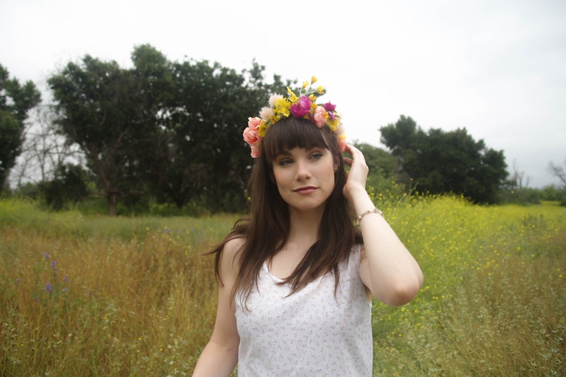 Faux Flower Crown l Queen For A Day l Fake Flower Crown Yellow White l Choose Your Lace Color image 3