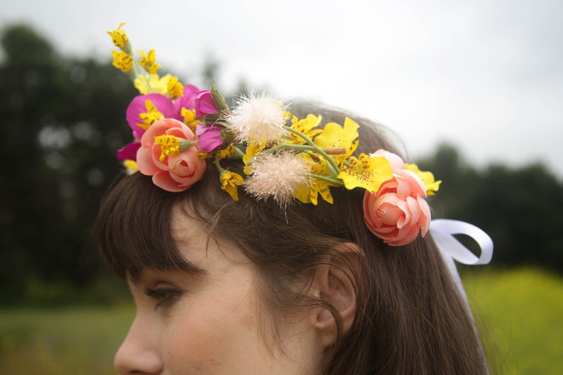 Faux Flower Crown l Queen For A Day l Fake Flower Crown Yellow White l Choose Your Lace Color image 10