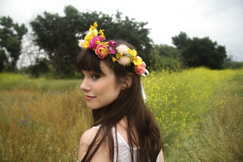 Faux Flower Crown l Queen For A Day l Fake Flower Crown Yellow White l Choose Your Lace Color image 8