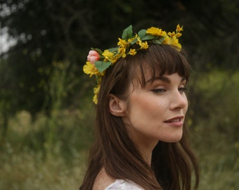 Faux Flower Crown l "Lemon Drops" l Fake Flower Crown Yellow Blue Pink l Choose Your Lace Color