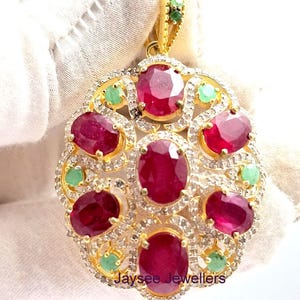 Ruby Diamond Pendant: Emerald Gem 925 Sterling Silver Necklace