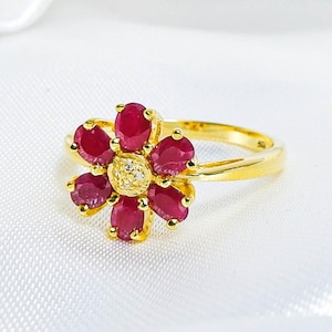 Anillo de flores con rubíes y diamantes, rubíes naturales pavé, plata de ley 925.