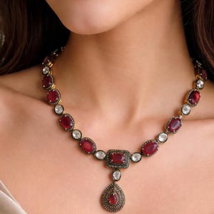 Collar de diamantes Ruby & Polki: joyería victoriana de plata de ley 925