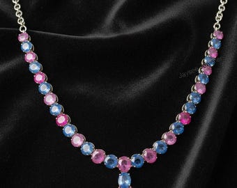Ruby & Sapphire Necklace: 925 Sterling Silver Victorian Style