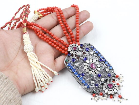 Handmade Polki Diamond Necklace: Ruby & Blue Sapphire, 925 Sterling Silver