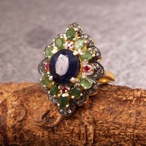 Handmade Victorian Sterling Silver Ring: Sapphire, Emerald & Diamond