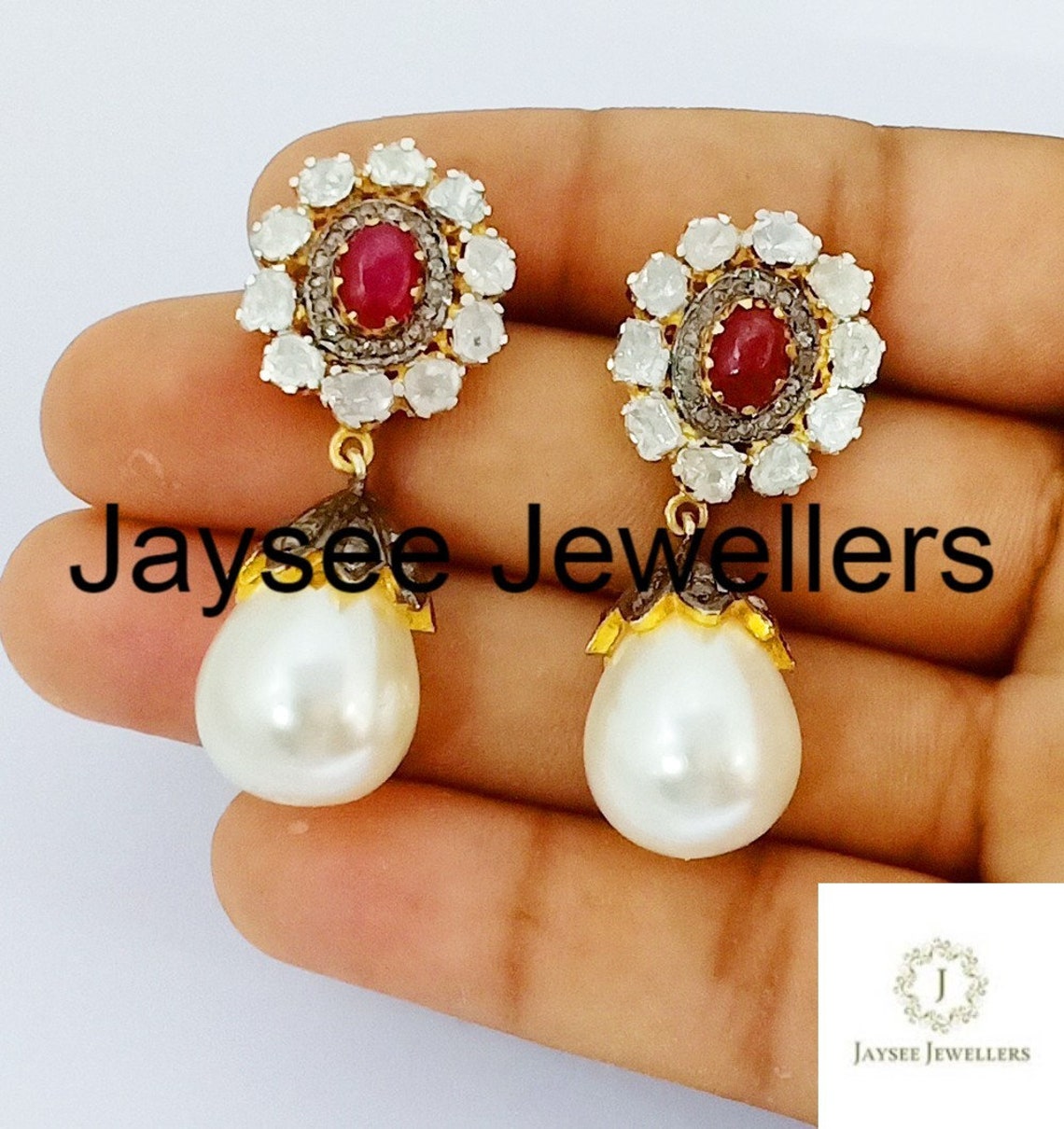 Ruby & Polki Diamond Earrings Natural Polki Diamond Pearl Etsy