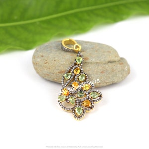 Pear Peridot & Citrine Pendant: Sterling Silver Diamond Halo