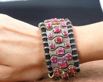 Pink Ruby Pave Diamond Bangle: Sterling Silver Macrame Bracelet