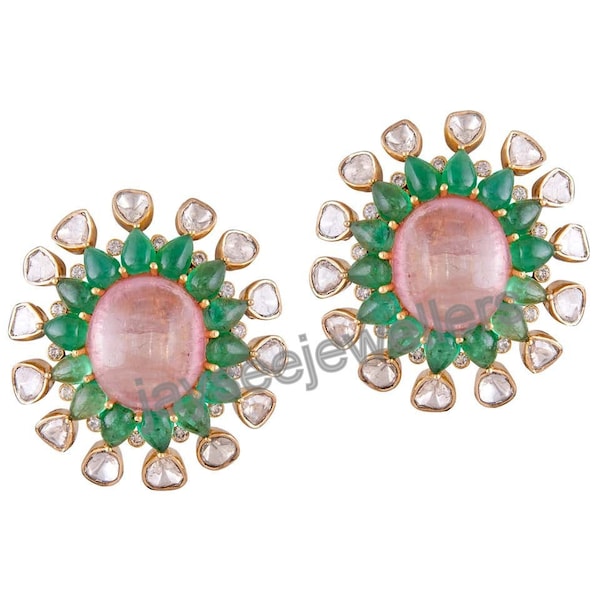 Polki Diamond Stud Earring Polki Earring Real Emerald & Pink Quartz Gemstone Stud 925 Sterling Silver Gift For Her Minimalist Jewelry.