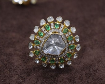 Polki Diamond & Emerald Ring: Handmade 925 Sterling Silver Victorian Jewelry
