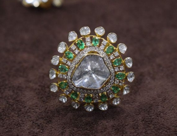 Polki Diamond Ring Emerald Gemstone Ring Handmade Ring Diamond Jewelry Victorian Ring Wedding Ring Jewelry Fashion Silver Jewelry