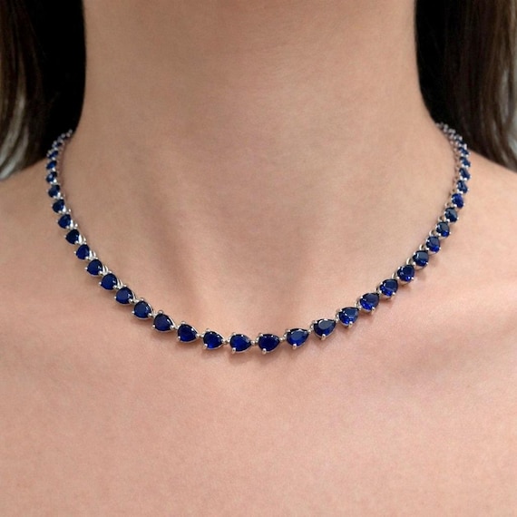 Blue Sapphire Tennis Necklace : Platinum Over 925 Sterling Silver