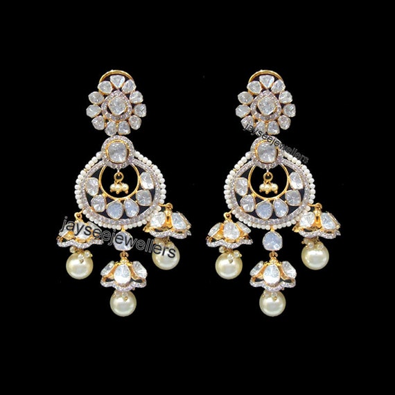 Polki Earring Pave Diamond Earring Real Pearl Gemstone Earring