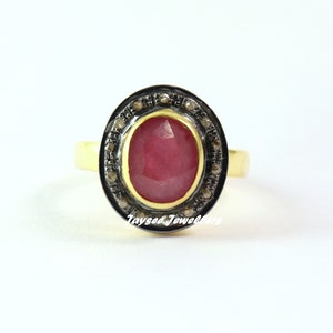 Ruby Gemstone And Diamond Victorian Handmade Designer Ring 925 Silver Gold Pelted Stylish & Fanciable Fine Quality Antique Anniversary Gift