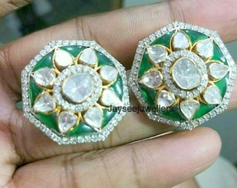 Polki Diamond Earring Polki Diamond Stud Jewelry Natural Marga Emerald Diamond Earring Partywear Earring 925 Sterling Silver Jewelry