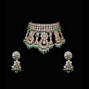 Pave Diamond Necklace, Polki Necklace Victorian Style Jewelry, Rose Cut Diamond Pearl & Jade Necklace 925 Sterling Silver Gift For Her.