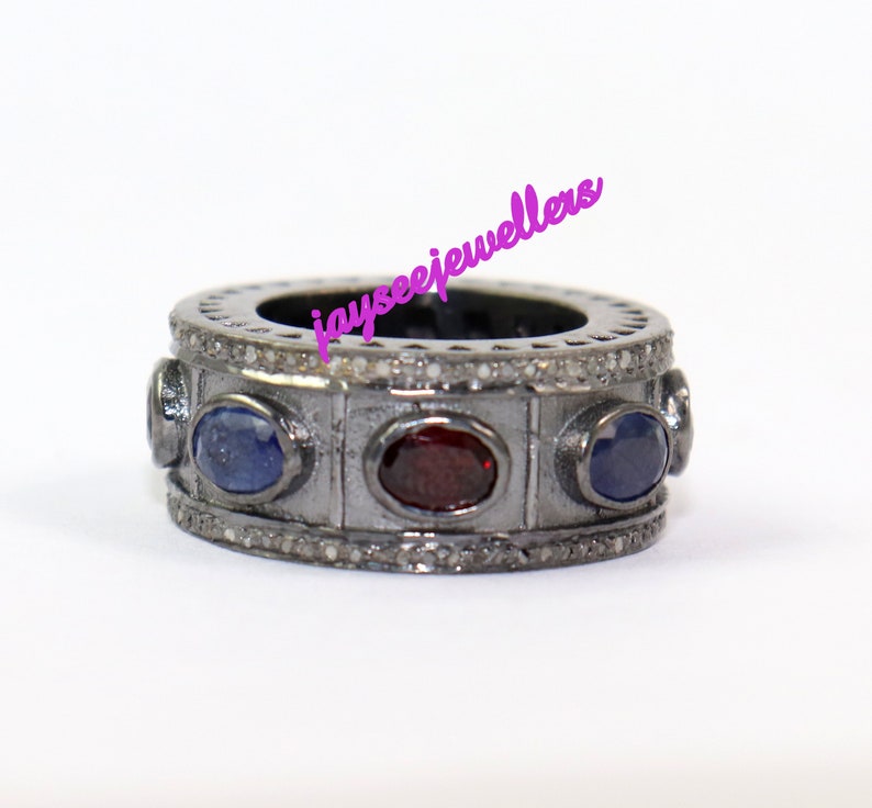 Vintage Handmade Designer Victorian Blue Sapphire /& Garnet And Rose Cut Diamond Round Shape Fine Anniversary Wedding Band Ring