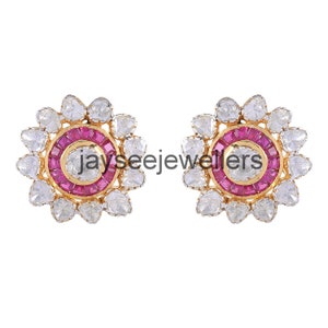 Polki diamanten oorbel, robijnrode oorbel, Polki diamanten oorknopjes, echte robijnrode diamanten oorbel, 925 sterlingzilver goud vermeil cadeau-sieraden.