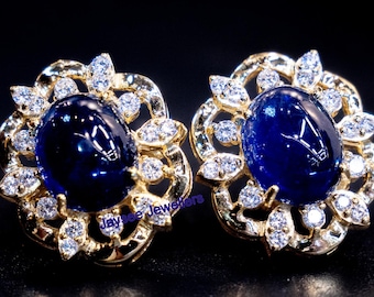 Pendientes de zafiro azul: hechos a mano en plata 925 con pavé de diamantes y oro vermeil de 14 k.
