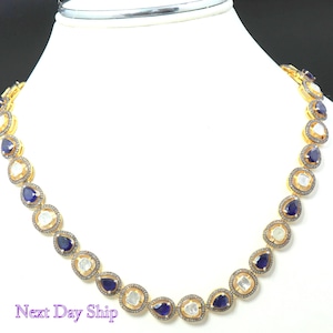 Natural Sapphire & Polki Diamond Necklace, Necklaces, 925 Sterling Silver, Polki Jewelry, Polki Necklace, Polki With Sapphire Necklace