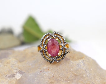 Handgemachter viktorianischer Ring mit Rubin und Diamant: 925 Sterlingsilber