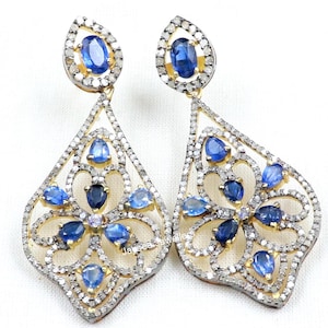 Blue Sapphire Earrings, Gold Earrings Jewelry, Pave Diamond Earring, 925 Silver Jewelry, Diamond Jewelry, Blue Stone Earrings, Gift For Her