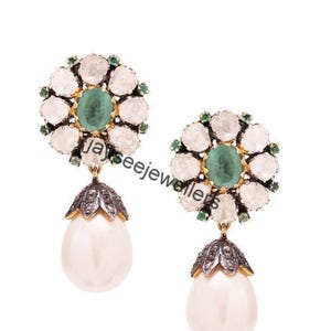 Polki Earring Emerald Earring Pearl Dangle Earrings 925 Sterling Silver Emerald Gemstone Earring Polki Diamond Earring Gift For Her On Sale.