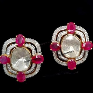 Polki Diamond Ruby Earring, Polki Diamond Stud-sieraden, natuurlijke robijnrode diamanten oorbel, 925 sterlingzilver goud vermeil geschenksieraden.