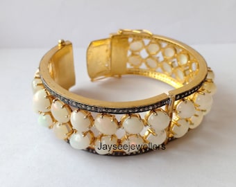 Handmade Victorian Opal Bangle: Diamond Sterling Silver Bracelet