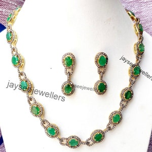Green Emerald Gemstone Necklace, 925 Sterling Silver Pave Diamond Necklace, Natural Emerald Floral Necklace, Anniversary Jewelry Gift.