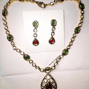 Natural Polki Diamond Necklace Emerald & Ruby Gemstone Necklace,925 Sterling Silver,Handmade Vintage Polki Jewelry Gift For Women