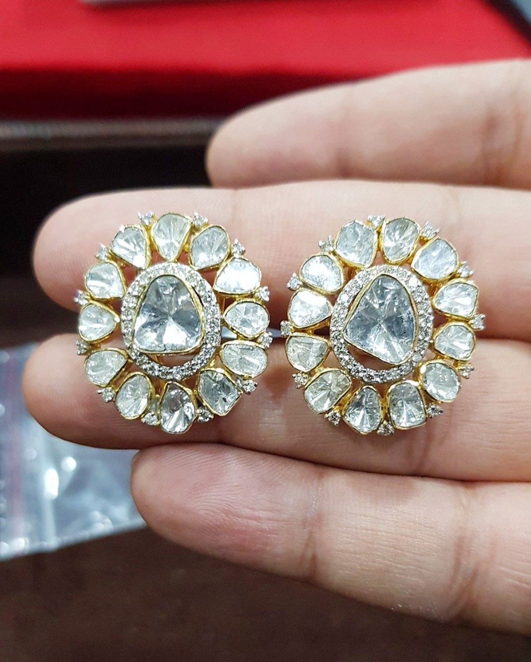 Polki Diamond Stud Earring Polki Stud Jewelry White Sparkling Polki Diamond Stud 925 Sterling Silver Gift Jewelry Free Shipping. Etsy
