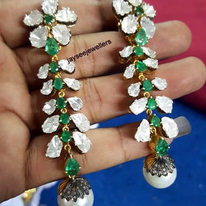Victorian Emerald & Polki Diamond Dangle Earrings, Pearl, 925 Sterling Silver