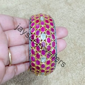 Polki Diamond Ruby Bangle: Sterling Silver July Birthstone Cuff