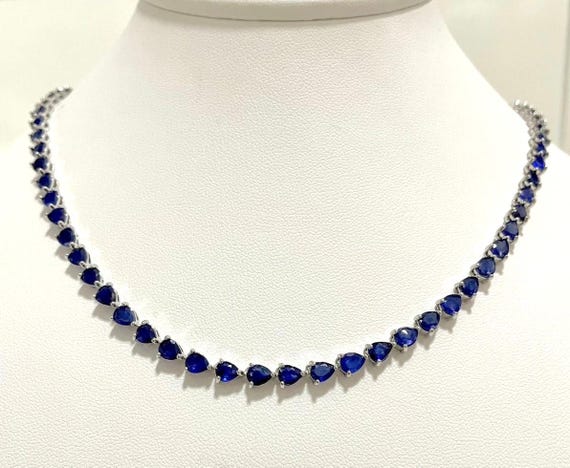 Blue Sapphire Tennis Necklace : Platinum Over 925 Sterling Silver