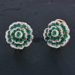 Natural Emerald & Diamond Earring, Pave Diamond Earring, Rose Cut Diamond Victorian Antique Style Jewelry Anniversary Wedding Gift For Her.