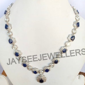 Natural Sapphire & Polki Diamond Necklace Pave Diamond Blue Sapphire Necklace, Victorian Antique Style Jewelry 925 Silver, Anniversary Gift