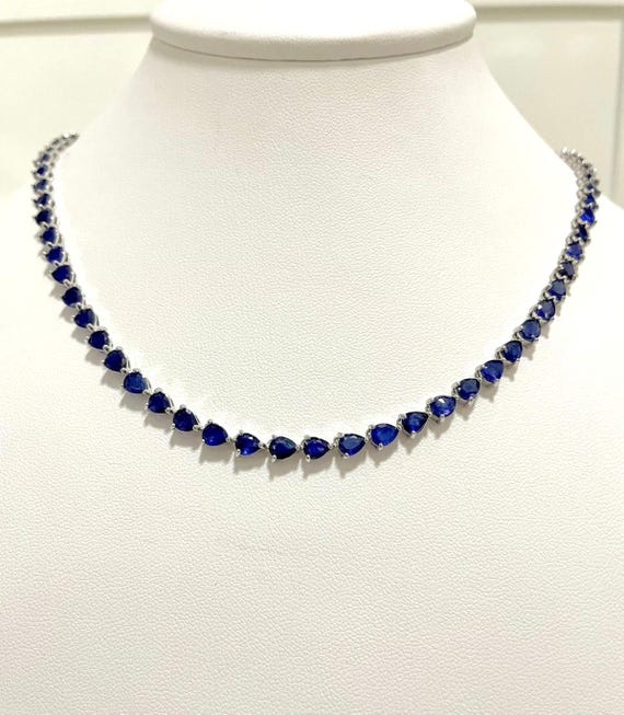 Blue Sapphire Tennis Necklace : Platinum Over 925 Sterling Silver