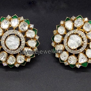 Polki Diamond Earring Polki Diamond Stud Jewelry Natural Polki Diamond Green Enamel Earring  925 Sterling Silver Gift Jewelry Free Shipping